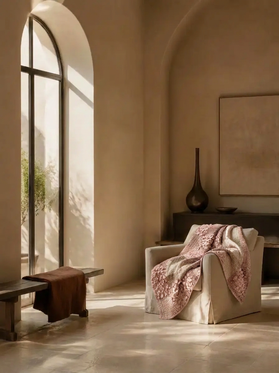 A plaster-walled room with an arched window and linen chair